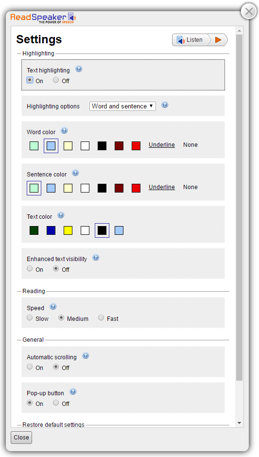 An example of the Readspeaker settings options